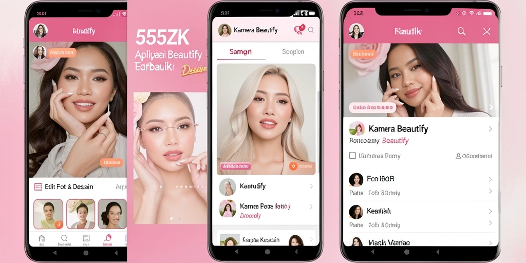 Tampilan antarmuka aplikasi 555ZK dengan fitur Kamera Beautify yang menarik.
