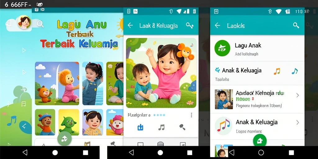Antarmuka aplikasi 666FF menampilkan berbagai lagu anak yang ceria.