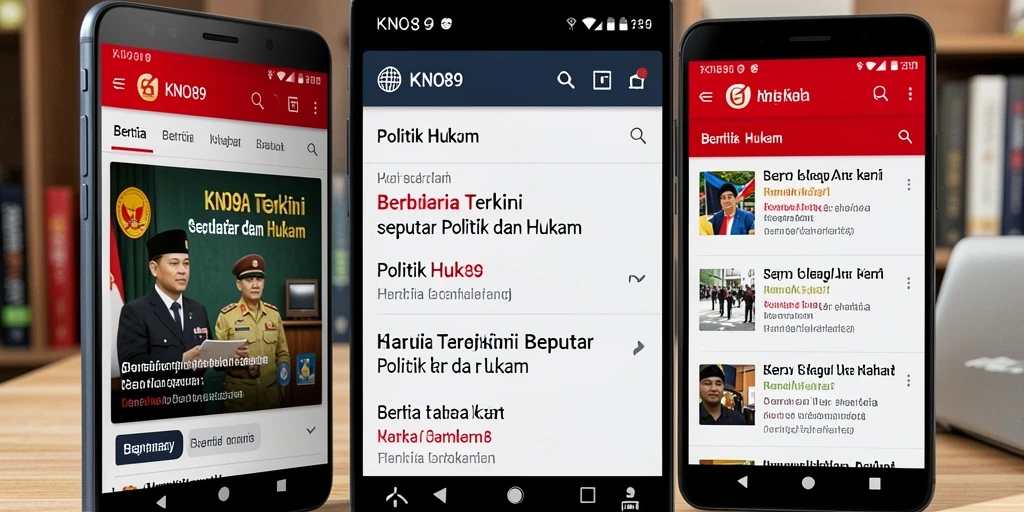 Antarmuka aplikasi KNO89 yang menampilkan berita politik dan hukum.